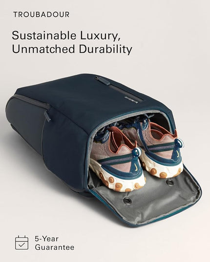 Troubadour Pioneer Backpack 3.0 - Premium Everyday Bag with Padded Laptop Section, Ventilated Shoe Compartment & Sustainable Waterproof Material - All-Day Lightweight Comfort Design - Navy