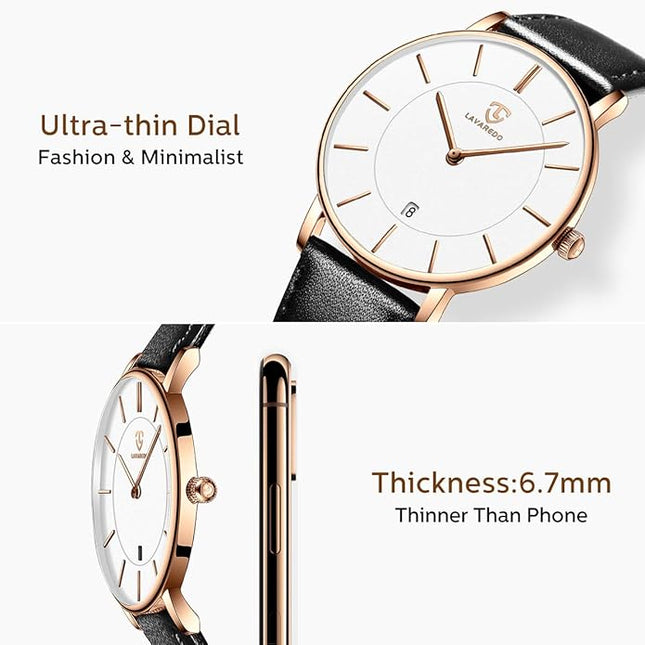 L LAVAREDO Watch for Men, Extremely Thin Mens Watches Minimalist Analog Men's Leather Wrist Watches with Time/Date, Birthday Gift for Men Boyfriend