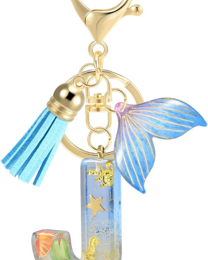 Initial letter Keychains for Women, Ocean Series Avowing Protect Earth Environment, Tassel Cute Car Keychain Initial Key Chain Keyring for Bookbag Handbag Backpack Charm Key Ring Unisex (Letter J)