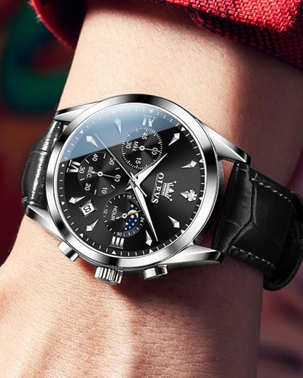OLEVS Men's Watches Leather Strap Analog Quartz Watch, Fashion Big Dial Date Waterproof Watch, Dress Luxury Luminous Men Watches