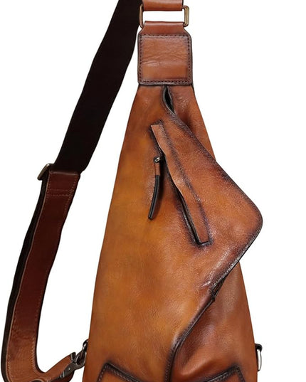 Genuine Leather Sling Bag for Men and Women Vintage Full Grain Leather Sling Purse Chest Daypack Over Shoulder Crossbody Bag (Brown)
