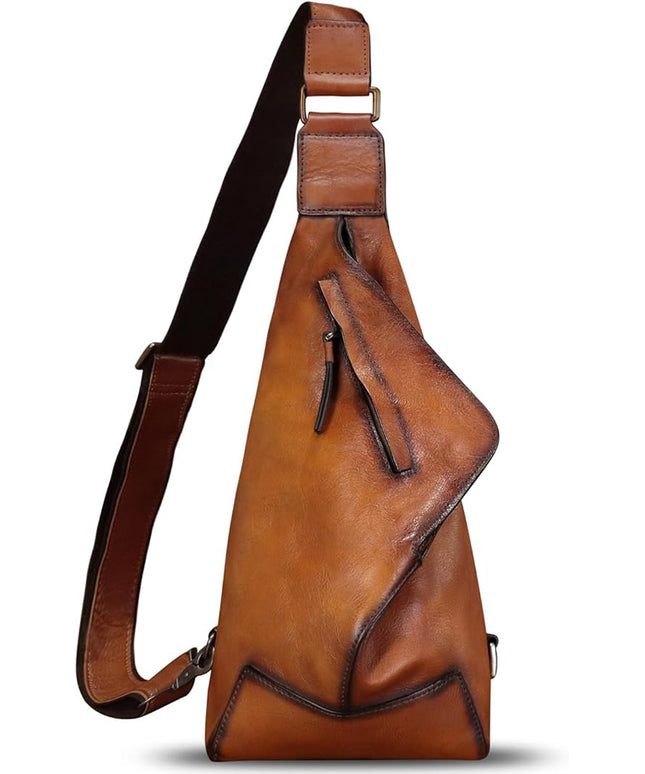 Genuine Leather Sling Bag for Men and Women Vintage Full Grain Leather Sling Purse Chest Daypack Over Shoulder Crossbody Bag (Brown)