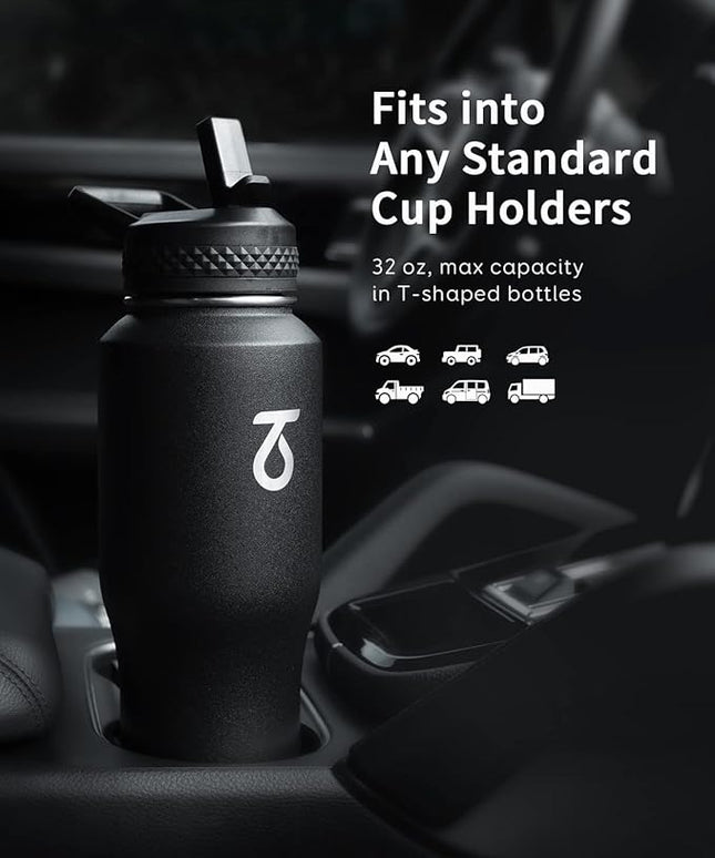 Trebo 32 oz Water Bottle Insulated Fit in Any Car Cup Holder,Triple Wall Vacuum Stainless Steel Water Bottles (Keep Cold for 48 Hrs),Leakproof Tumbler Flask with Paracord Handle,Straw Spout Lids