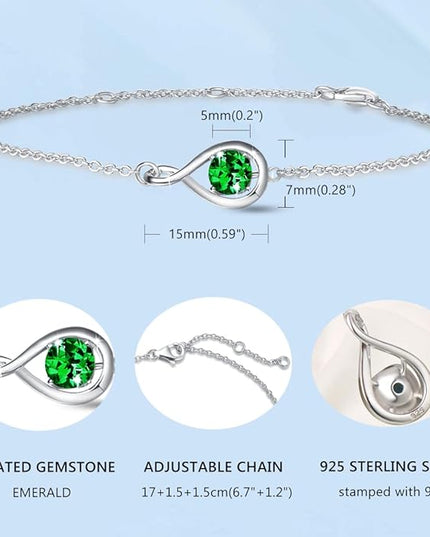 FANCIME Love Bracelet 925 Sterling Silver Infinity Birthstone Bracelets for Women Fine Jewelry Birthday Christmas Gifts for Her Mom Wife, Chain Length 6.7"+1.2" Extend
