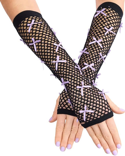 xo, Fetti Black + Purple Rhinestone Fishnet Bow Gloves | Pop Star, Rave Bachelorette, Birthday Girl Accessory, Guts Concert Party Decorations, Festival Supplies, Halloween Costume