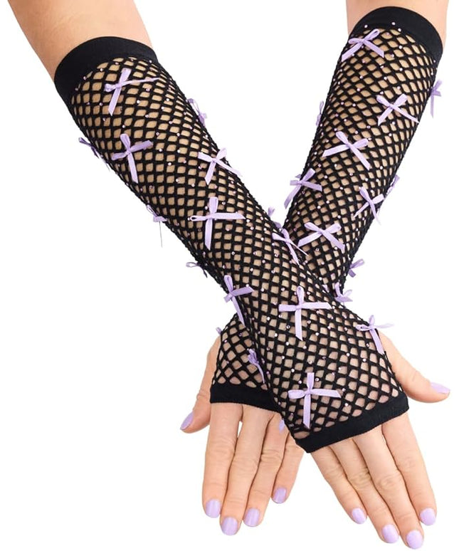 xo, Fetti Black + Purple Rhinestone Fishnet Bow Gloves | Pop Star, Rave Bachelorette, Birthday Girl Accessory, Guts Concert Party Decorations, Festival Supplies, Halloween Costume