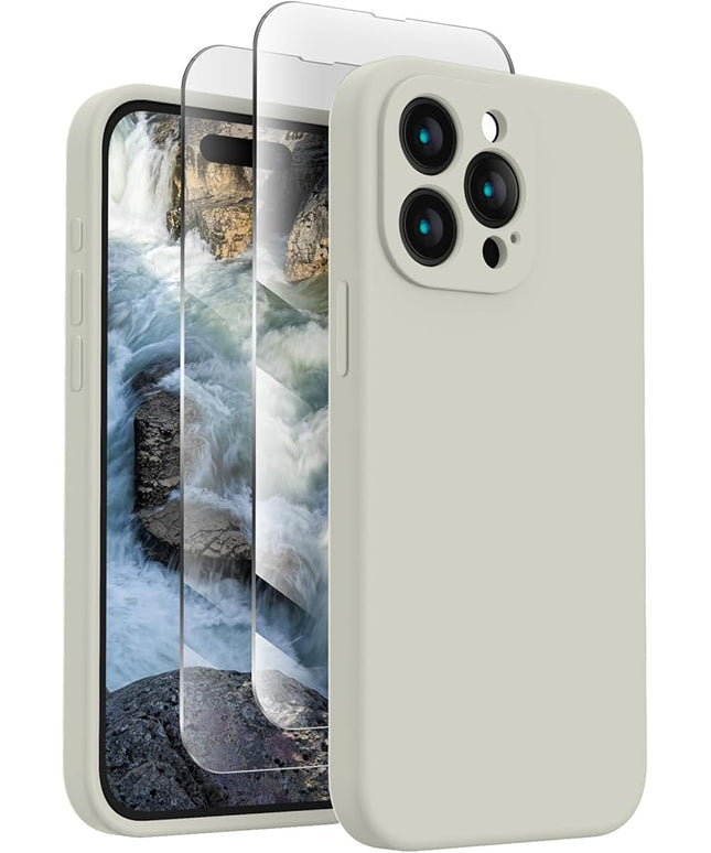 FireNova Designed for iPhone 15 Pro Case, Silicone Upgraded [Camera Protection] Phone Case with [2 Screen Protectors], Soft Anti-Scratch Microfiber Lining Inside, 6.1 inch, Stone
