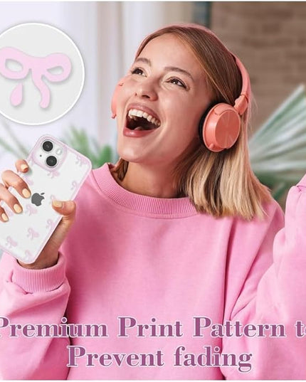 Designed for iPhone Case,Clear Cute Ribbon Bowknot Pattern Aesthetic Transparent Phone Case Raised Camera Protection Stylish Slim Soft Phone Case (Pink,iPhone 14 Plus)