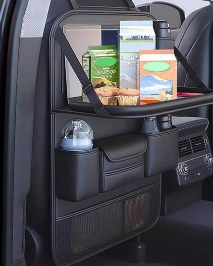 Car Backseat Organizer with Foldable Table Tray,Car Seat Back Protector with Touch Screen Phone Holder,Premium PU Leather Material,Compatible with Suitable for Most Car Travel Accessories