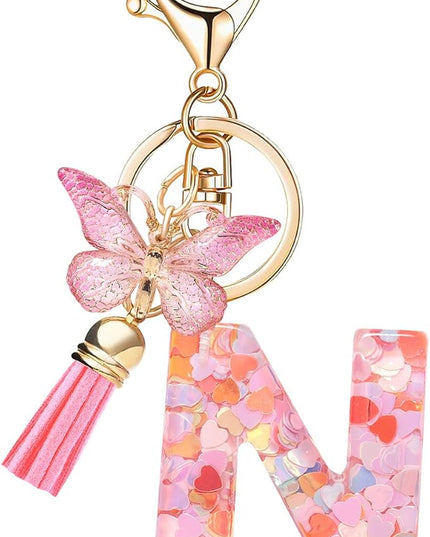 Fashion Alphabet Initial Letter Keychain Tassel Butterfly Pendant Key Ring for Purse Handbags Women Girl