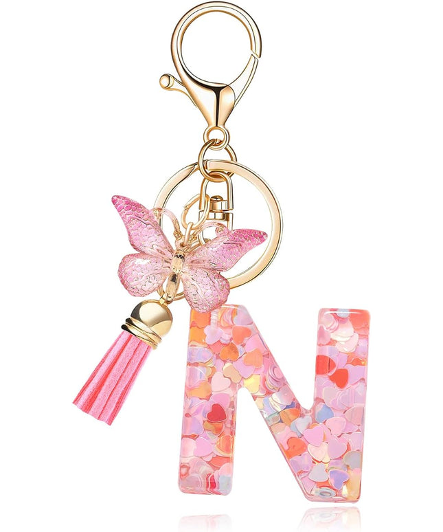 Fashion Alphabet Initial Letter Keychain Tassel Butterfly Pendant Key Ring for Purse Handbags Women Girl