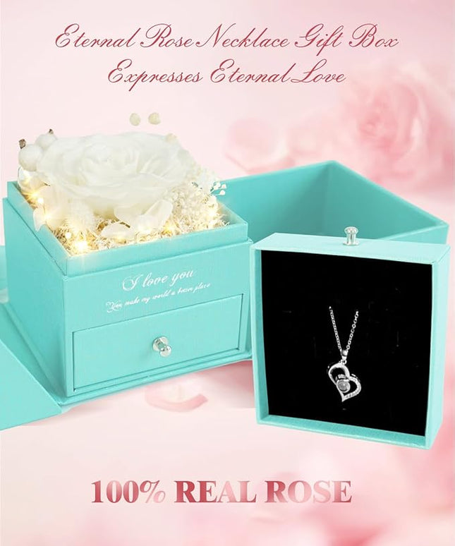 Birthday Gifts for Women, Preserved Real Roses with Heart Necklace I Love You in 100 Languages, Romantic Anniversary Wedding Gifts for Women Her Girlfriend Wife, Forever Roses Necklace Gift Box White