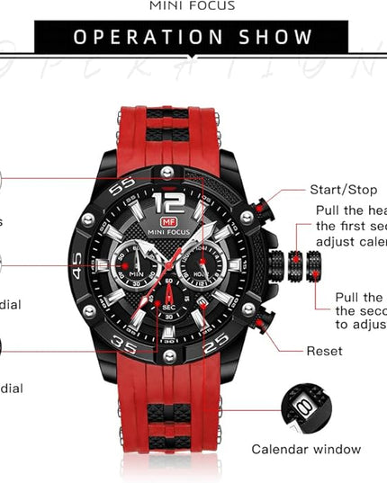 MF MINI FOCUS Men Watches Unique Casual Wrist Watches (Chronograph/Waterproof/Luminous/Calendar/24 Hours) Silicon Band Fashion Watches for Men