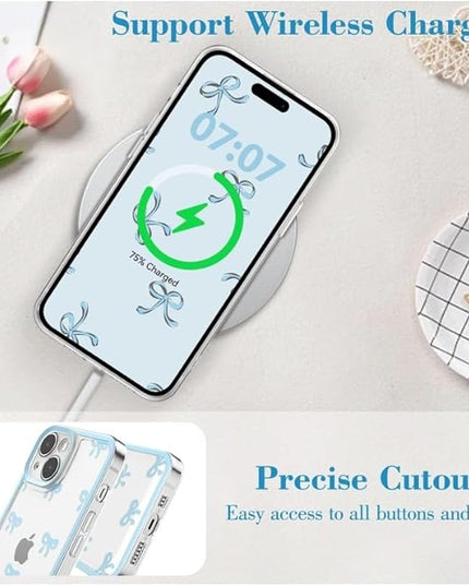 Designed for iPhone Case,Clear Cute Ribbon Bowknot Pattern Aesthetic Transparent Phone Case Raised Camera Protection Stylish Slim Soft Phone Case (Blue,iPhone 14 Pro)