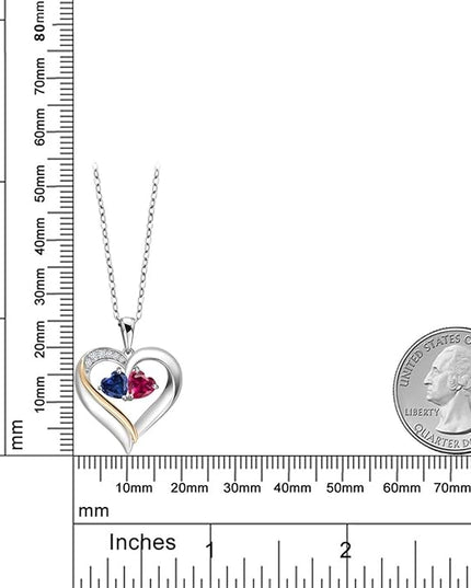 2-Heart Couple Name Engraved Pendant Necklace For Women | 925 Sterling Silver and 10K Yellow Gold | Customized and Personalized | Gemstone Birthstone and Lab Grown Diamond | 18 Inch Silver Chain