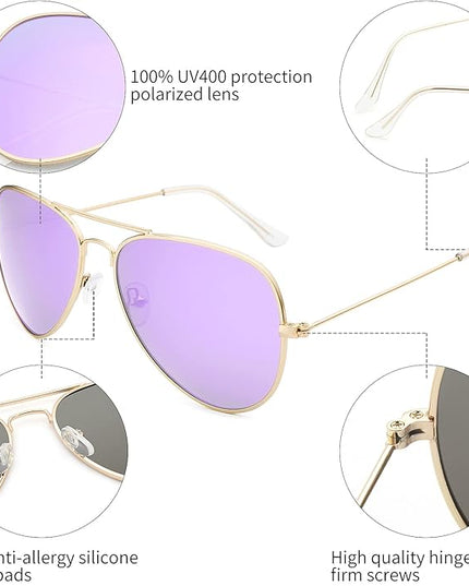 livho Sunglasses for Men Women Aviator Polarized Metal Mirror UV 400 Lens Protection (Gold Lilac)