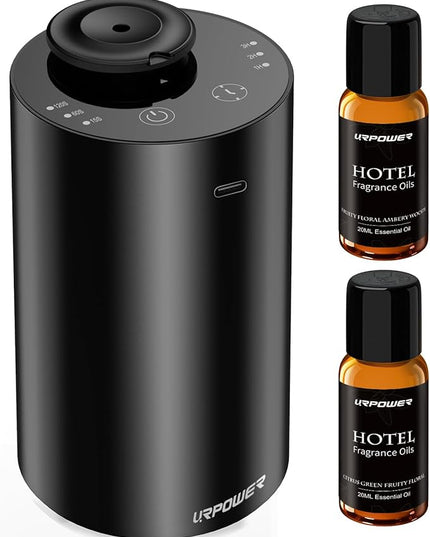 URPOWER Waterless Essential Oil Diffuser: No Water Needed Battery Operated Scent Diffuser - 2 * 20ML Hotel Fragrance Essential Oils - Cordless & Mini Oil Machine Aluminum for Car Home Office(Black)