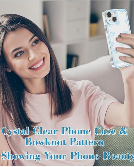 Designed for iPhone Case,Clear Cute Ribbon Bowknot Pattern Aesthetic Transparent Phone Case Raised Camera Protection Stylish Slim Soft Phone Case (Blue,iPhone 14)