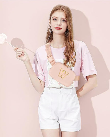 Gitus Gifts for 8 9 10 11 12 Year Old Girls Belt Bag Fanny Pack Crossbody Bags with Initial Letter Patch Cute Stuff Birthday Gifts for Teen Girls Women Personalized Trend Stuff (Coral Pink-W)