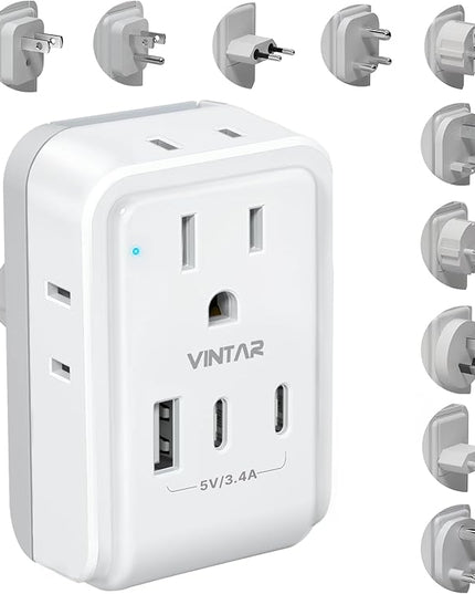 VINTAR Universal Travel Adapter Kit, International Power Adapter with 4AC and 3USB Ports(2 USB-C), Type A,B,C,D,E/F,G,H,I,L,M Swap Adapt Attachments, Travel Adapter Worldwide for Europe/Africa/India