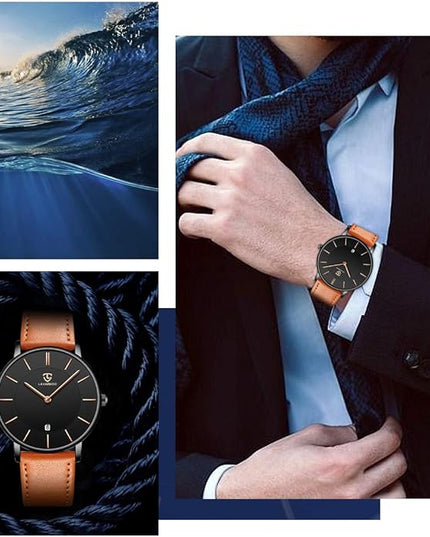 L LAVAREDO Watch for Men, Extremely Thin Mens Watches Minimalist Analog Men's Leather Wrist Watches with Time/Date, Birthday Gift for Men Boyfriend