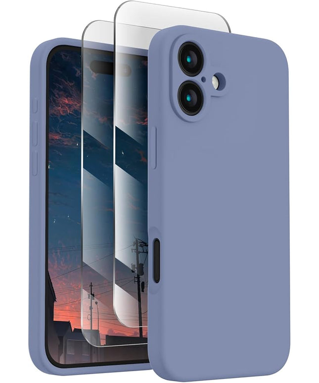 FireNova Designed for iPhone 16 Case, Silicone Upgraded [Camera Protection] Phone Case with [2 Screen Protectors], Soft Anti-Scratch Microfiber Lining Inside, 6.1 inch, Lavender Gray