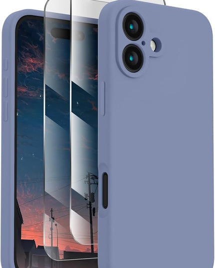 FireNova Designed for iPhone 16 Plus Case, Silicone Upgraded [Camera Protection] Case with [2 Screen Protectors], Soft Anti-Scratch Microfiber Lining Inside, 6.7 inch, Lavender Gray