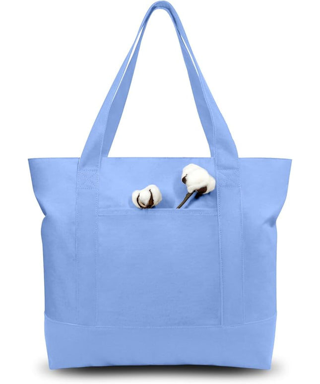 TOPDesign 1-Pack Canvas Tote Bag with an External Pocket, Reusable Grocery Shopping Bag, Top Zipper Closure, Daily Essentials (Light Blue)