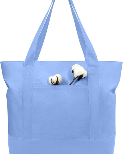 TOPDesign 3-Pack Canvas Tote Bags with an External Pocket, Reusable Grocery Shopping Bags, Top Zipper Closure, Daily Essentials (Light Blue)