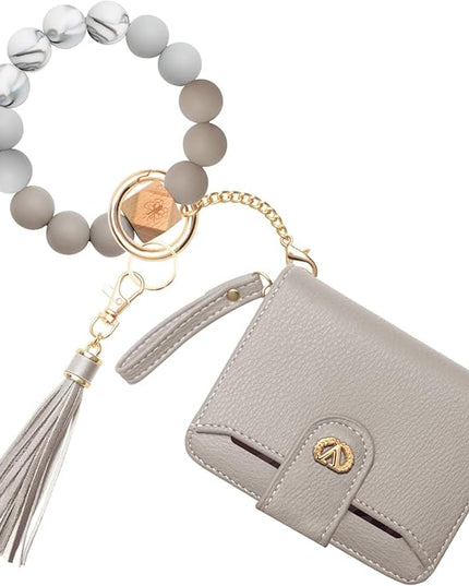 Multi-Purpose Wallet High Capacity Card Holder Zipper Coin Purse with Wristlet Bracelet Keychain Silicone Beaded Bangle Key Ring