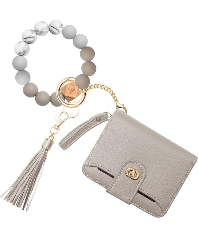 Multi-Purpose Wallet High Capacity Card Holder Zipper Coin Purse with Wristlet Bracelet Keychain Silicone Beaded Bangle Key Ring