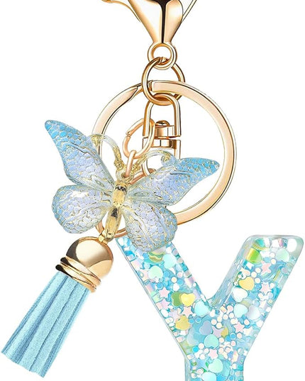 Fashion Alphabet Initial Letter Keychain Tassel Butterfly Pendant Key Ring for Purse Handbags Women Girl