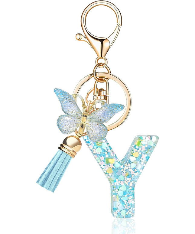 Fashion Alphabet Initial Letter Keychain Tassel Butterfly Pendant Key Ring for Purse Handbags Women Girl
