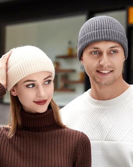 3 Pack Wool Fisherman Beanies for Men, Short Knit Watch Cap Cuffed Trawler Hats