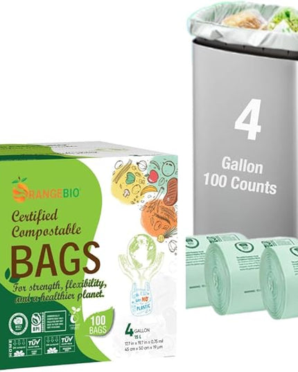 OrangeBio 4 Gallon Home Compostable Trash Bags, 100 Count, Food Grade, Plant-based, Biodegradable, Leak-proof, Tear-resistant, US BPI ASTM D6400 and OK Compost Home Certified