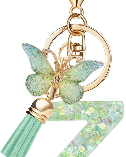 Fashion Alphabet Initial Letter Keychain Tassel Butterfly Pendant Key Ring for Purse Handbags Women Girl