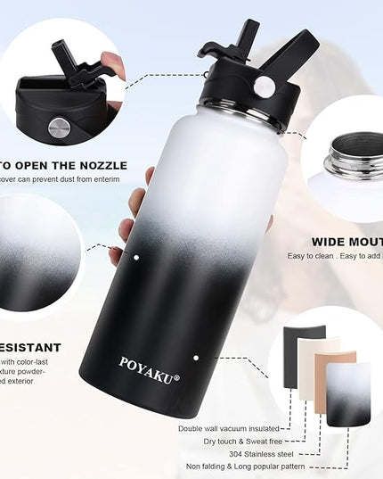 Water Bottle Insulated 32oz 40oz 64oz 128oz Straw Lid Spout Lid & 3 Lids, Leak Proof, Vacuum Insulated,Stainless Steel Water Bottle Wide Mouth for Sports, Gym or Office