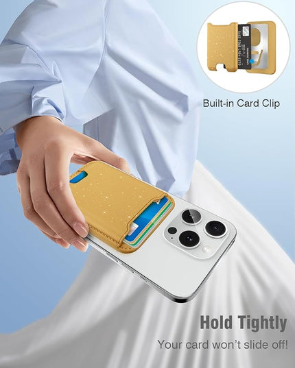 TopMade for Magsafe Wallet, Sparkle Magnetic Card Holder for iPhone 17, 16, 15, 14, 13, 12 Series, Leather RFID Blocking, Fit 4 Cards, Glitter Yellow