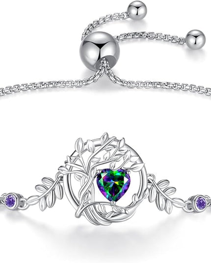 FANCIME Tree of life Birthstone Bracelet for Women Sterling Silver Tree Jewelry Birthstone Charm Bracelet Gemstone Anniversary Birthday Christmas Gifts for Wife Mom Her