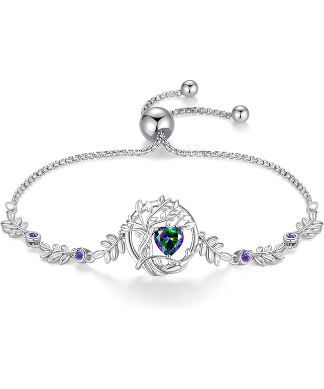 FANCIME Tree of life Birthstone Bracelet for Women Sterling Silver Tree Jewelry Birthstone Charm Bracelet Gemstone Anniversary Birthday Christmas Gifts for Wife Mom Her