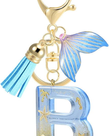 Initial letter Keychains for Women, Ocean Series Avowing Protect Earth Environment, Tassel Cute Car Keychain Initial Key Chain Keyring for Bookbag Handbag Backpack Charm Key Ring Unisex (Letter B)