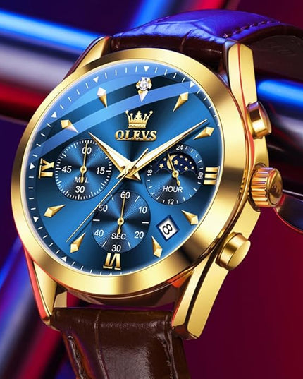 OLEVS Men's Watches Leather Strap Analog Quartz Watch, Fashion Big Dial Date Waterproof Watch, Dress Luxury Luminous Men Watches