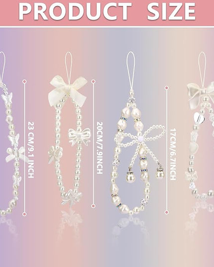 Draupnir 4pcs Phone Charms Strap, Butterfly Bow Camera Strap Wrist Beaded Phone Bracelet Wrist Straps, Pearl Bracelet Lanyard Keychain Charm for Women