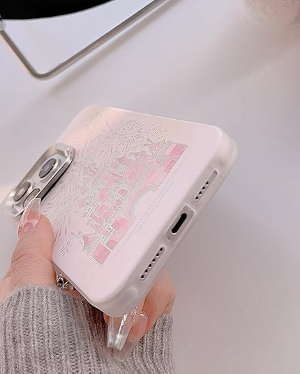 for iPhone 15 Pro Max Case, Deluxe Fashion Pink Case with Bracelet, Laser 3D Fireworks Castle Design, PC+TPU Shockproof and Drop Resistant for Women and Girls 6.7