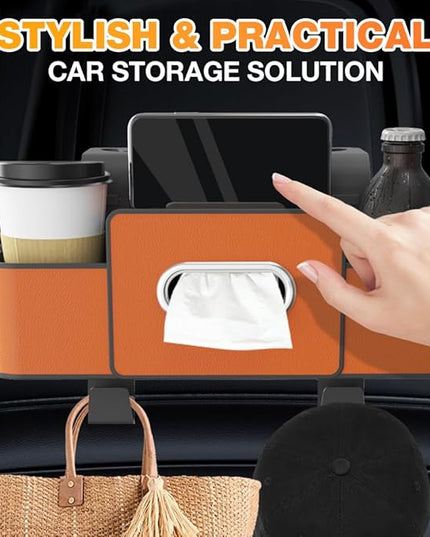 3-in-1 Car Backseat Organizer with Cup Holder, Tissue Box, Trash Bin & Hooks,Multifunctional Back Seat Car Organizer for Hold Phones, Snacks, Drinks, and Handbags (Orange)