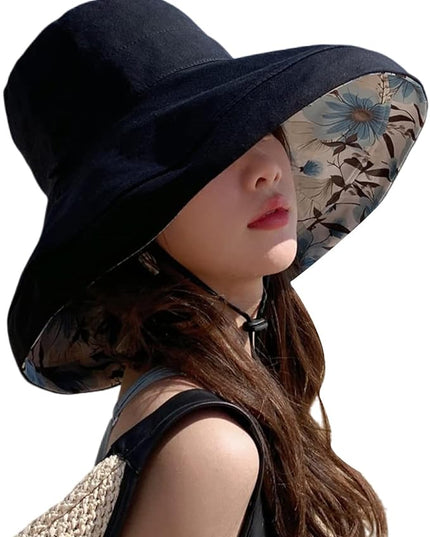 HUAMULAN Women Summer Sun Hat Wide Brim Wired Edge Floral Beach Bucket Hats Reversible Foldable Travel UV Protection Lady Hat