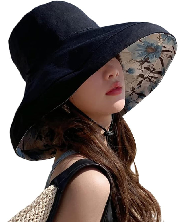 HUAMULAN Women Summer Sun Hat Wide Brim Wired Edge Floral Beach Bucket Hats Reversible Foldable Travel UV Protection Lady Hat