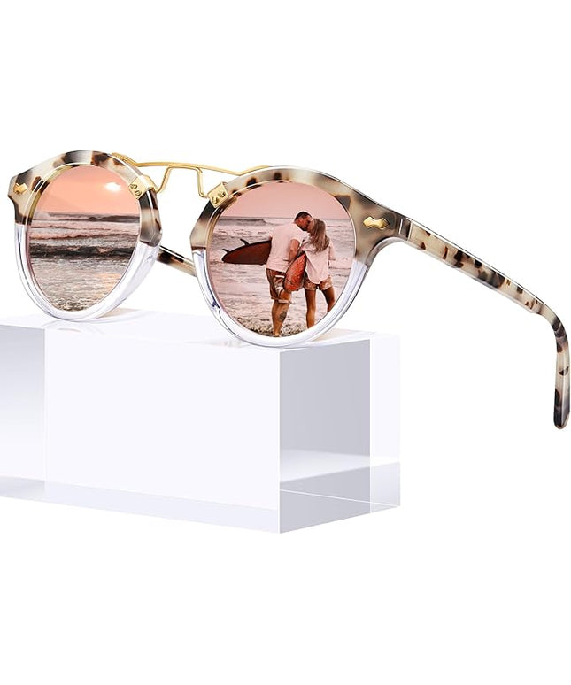 CARFIA Small Face Acetate Polarized Sunglasses for Women UV Protection, Retro Double Bridge Eyewears Metal Brow Round Sunnies