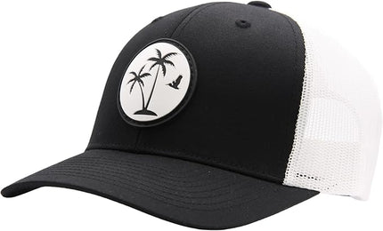 LINDO Trucker Hat [ Palm Tree 2.0 Design ] for Men and Women: Mid Profile Cap with Breathable Mesh Back and Adjustable Snap