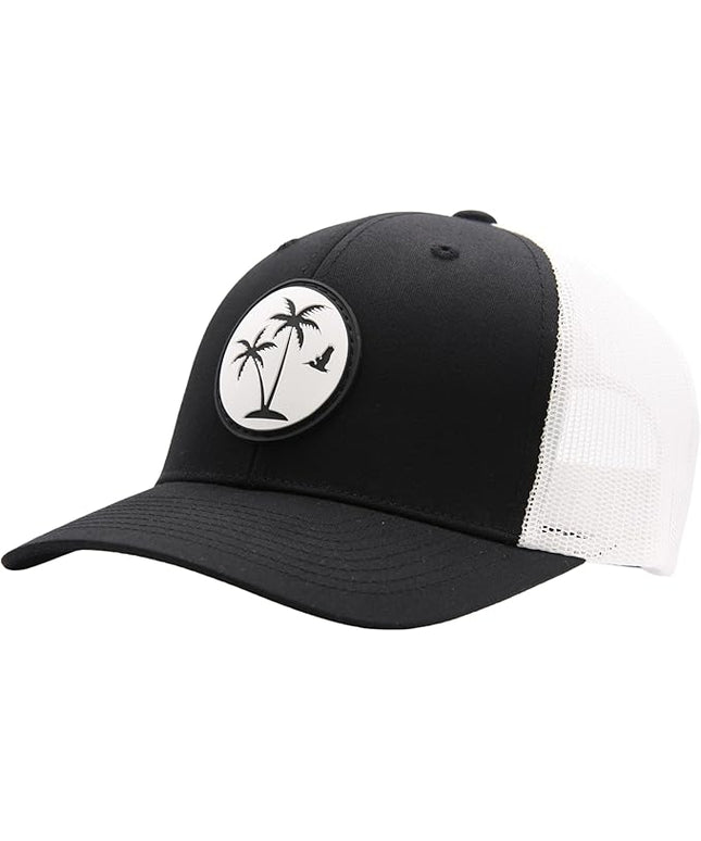 LINDO Trucker Hat [ Palm Tree 2.0 Design ] for Men and Women: Mid Profile Cap with Breathable Mesh Back and Adjustable Snap